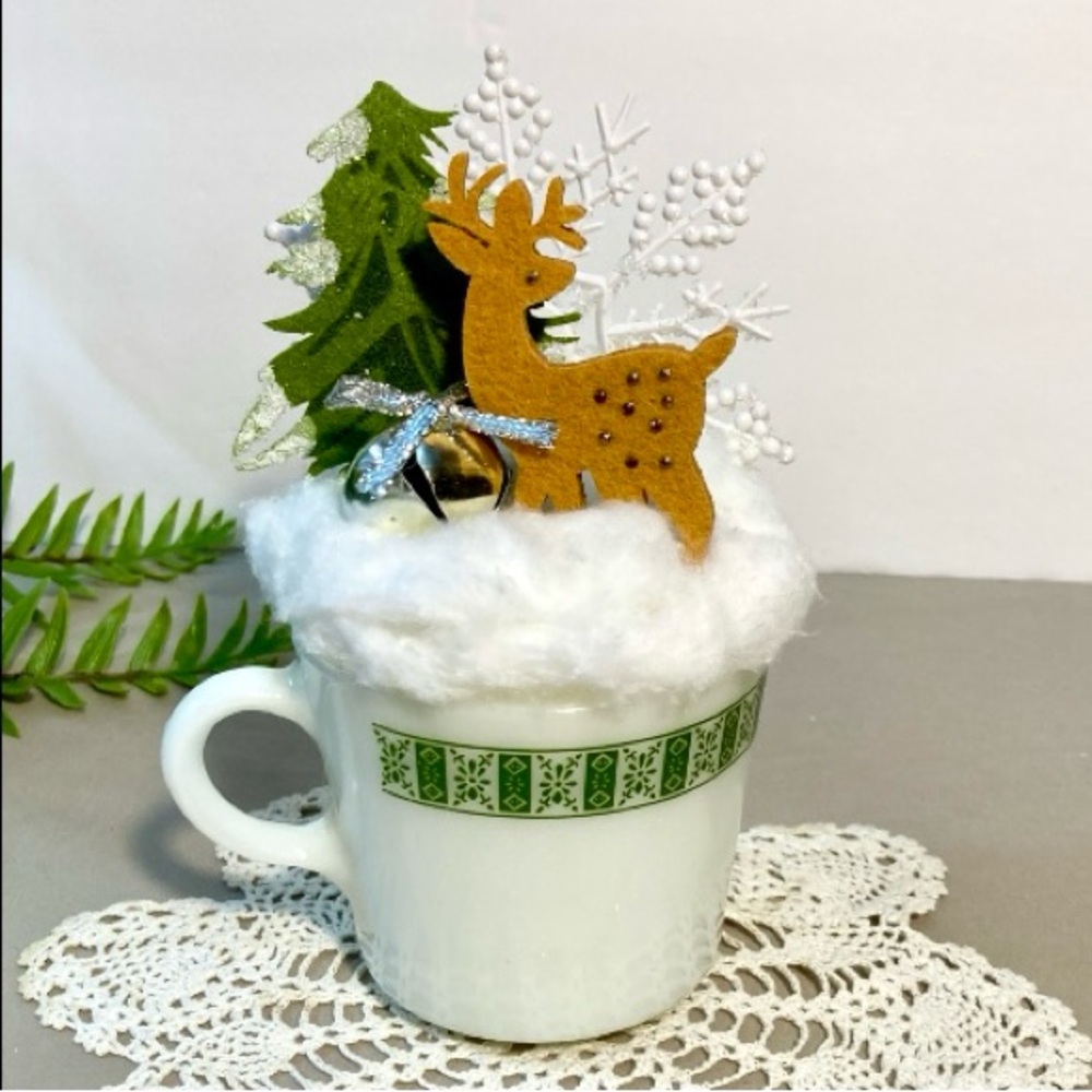 Vintage Pyrex Darby Mug With Reindeer and Snowy Tree Winter Scene